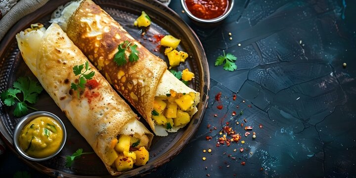 South Indian dish Mysore masala dosa with spicy potato filling. Concept South Indian Cuisine, Mysore Masala Dosa, Spicy Potato Filling, Indian Breakfast Ideas, Vegetarian Recipes