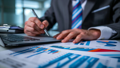 A businessman works on financial reports and charts at his desk, embodying focus, precision, and dedication in the world of finance