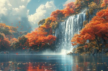 A scenic waterfall flows gracefully down a rocky terrain surrounded by bright autumn leaves in vibrant red, orange, and yellow under a sunny, partly cloudy sky, creating a beautiful landscape.