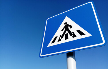 pedestrian crossing blue sign on the sidewalk