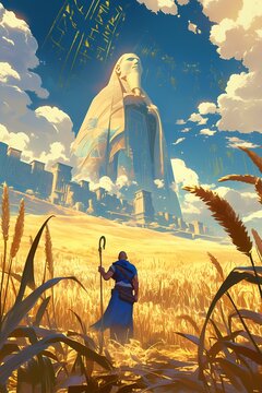 A regal vertical card of vector illustration background depicting Geb, the god of the earth, lying amidst fields of wheat and holding the sky, with mountain ranges and ancient temples under a starlit