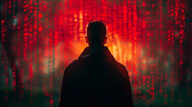 A person's silhouette in front of a backdrop of vibrant red and green digital code, evoking cybersecurity themes.