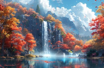 A majestic waterfall flows down a rocky cliff surrounded by vibrant autumn foliage in red, orange, and yellow hues. Mountains and a partly cloudy sky form a breathtaking backdrop.