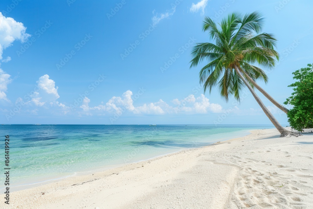 Poster a serene beach scene with clear blue water and white sand, framed by lush green palm trees swaying i