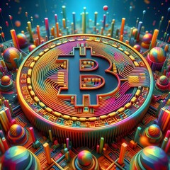 Fototapeta premium colorful 3D picture of a glass Bitcoin in macro photography on a bright plain white background 