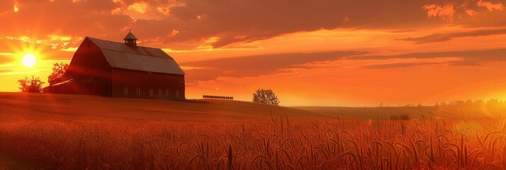 A picturesque sunset illuminates a red barn silhouette in a rural field, creating a peaceful and inviting scene perfect for agritourism and farm product promotions. Generative AI