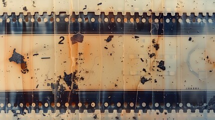 A section of a film reel. The reel has a light beige or off-white background with numerous small, dark specks scattered throughout. There are also some faded, blurred lines and scratches on the film. 