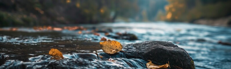  autumn leaves fall on water creek or puddle in autumn forest with bokeh light, beautiful scenery of autumn nature landscape background whimsical ethereal mood