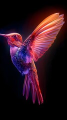 Fototapeta premium Vibrant Neon Hummingbird Wing in Midair Against Black Background