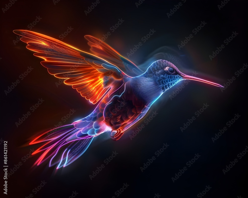 Sticker Neon Hummingbird Hovering Gracefully on Black Background Glowing Feathers Concept