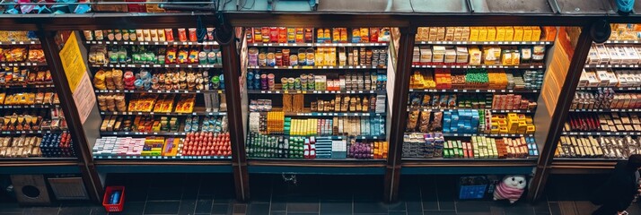 Fototapeta premium top view perspective of street grocery store sell many snacks and drinks