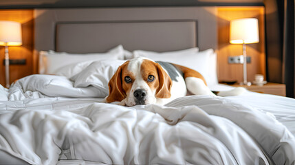 Fototapeta premium Beagle lying on a white bed in a luxury pet-friendly hotel room. Pet friendly accommodation, travel with pet.