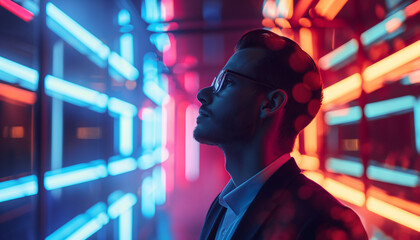 A man in glasses and a suit stands in a hallway of neon lights, immersed in the vibrant, futuristic atmosphere of the modern city