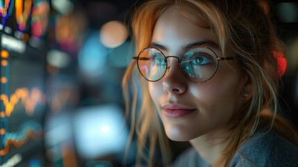 Woman Wearing Glasses Looking at Data Screen at Night