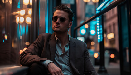 A stylish man in sunglasses and a suit sits in a city alley under neon lights, exuding confidence and a cool, urban vibe