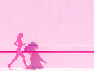 Silhouette of a person jogging against a vibrant pink background, casting a bold shadow. Minimalistic and energetic urban scene.