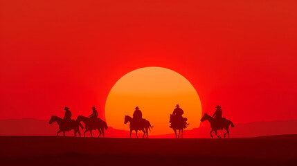 Fototapeta premium Silhouetted horse riders journeying at sunset against an orange sky, creating a dramatic and adventurous scene in the open landscape.