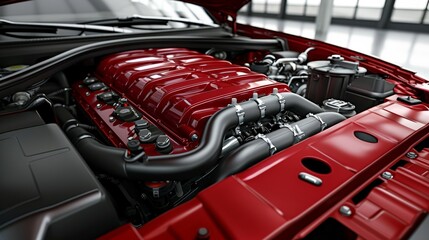 Fototapeta premium Close up of the exposed car engine under an open hood, showing intricate details
