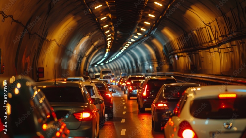 Aufkleber traffic congestion in a tunnel with cars slowly moving towards the exit during rush hour