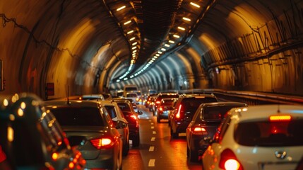 Traffic congestion in a tunnel with cars slowly moving towards the exit during rush hour