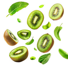 Fototapeta premium Kiwi with half slices falling or floating in the air with white background, Fresh organic fruit with high vitamins and minerals.
