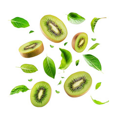 Fototapeta premium Kiwi with half slices falling or floating in the air with white background, Fresh organic fruit with high vitamins and minerals.