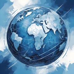 A digital globe with a world map surrounded by abstract blue and white geometric shapes, representing technology, connectivity, and globalization
