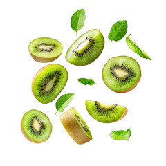 Fototapeta premium Kiwi with half slices falling or floating in the air with white background, Fresh organic fruit with high vitamins and minerals.