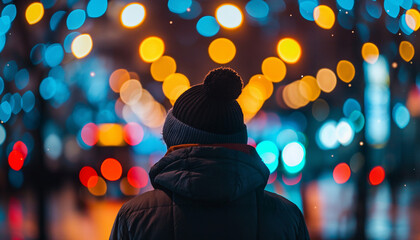 A figure in a beanie and jacket stands under bright city lights, capturing a moment of quiet reflection amidst the hustle and bustle of the city