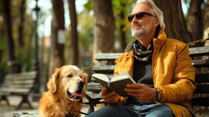 An older man, dressed for autumn, enjoys reading a book on a park bench, accompanied by his loyal dog. The serene scene is enriched by the autumnal backdrop and peaceful atmosphere.