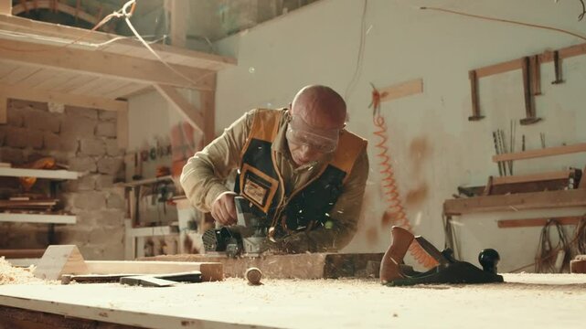 Wood, sander and carpenter in workshop with tools for furniture, production or construction project. Handyman, building and woodworking process in warehouse with manufacturing or labor in business
