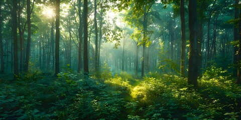 Obraz premium Picture serene forest clearing at dawn as first light breaks through night. Concept Nature Photography, Sunrise Scenes, Tranquil Landscapes
