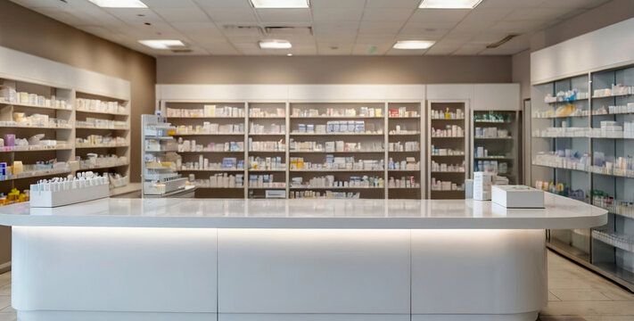 Blurred Drugstore Background, Modern pharmacy store, Counter top with blurred pharmacy shop background, copy space