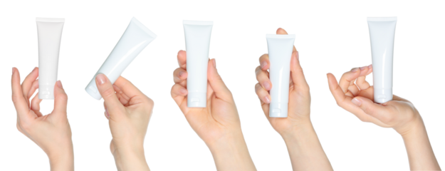 Set of Woman Hands which holding the White Cosmetic Cream Tubes, on transparent background, template for cosmetics ads
