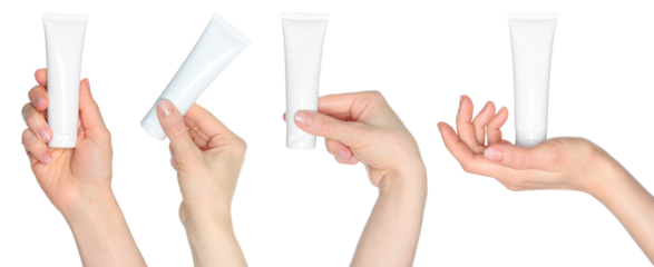 Set of Woman Hands which holding the White Cosmetic Cream Tubes, on transparent background, template for cosmetics ads