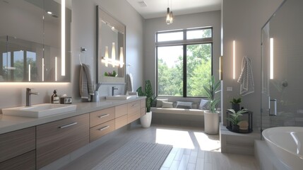 A contemporary bathroom with a floating vanity, modern fixtures, a large mirror, and LED lighting for a sleek, clean look
