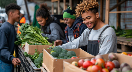 A group of multi-ethnic youth volunteers happily sort fresh vegetables at an outdoor market,the volunteers are engaged in their work, emphasizing community involvement and teamwork.