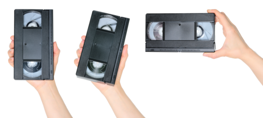 Set of Woman Hands which holding a Retro Old Analog Video Cassette, isolated on transparent background, retro things concept
