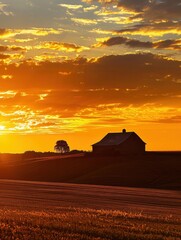 A tranquil scene of a farmhouse silhouetted against a vibrant sunset over rolling fields. Generative AI