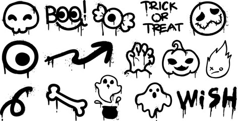 Collection of spooky graffiti icons Featuring Skulls, Ghosts, Pumpkins, and Other Creepy Elements with Dripping Effects