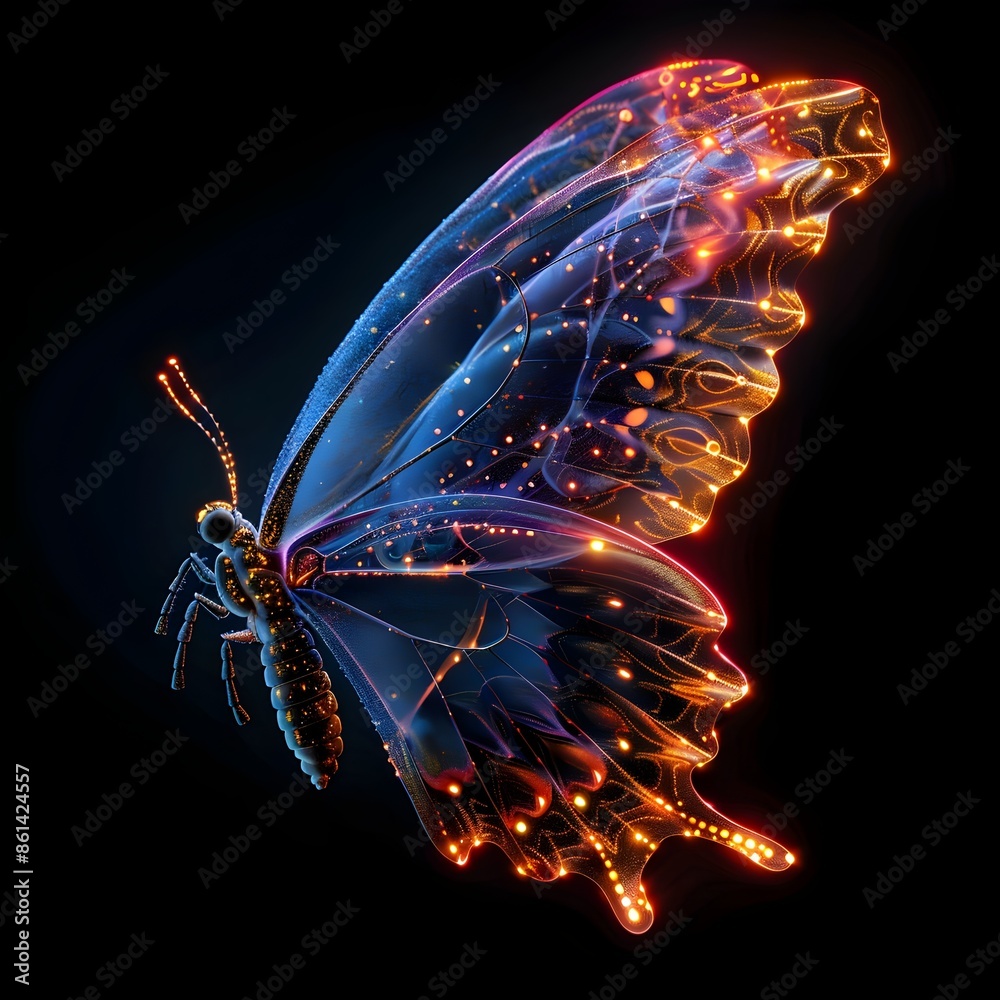 Wall mural Mesmerizing Neon Fairy Wing with Intricate Glowing Patterns on Black Background