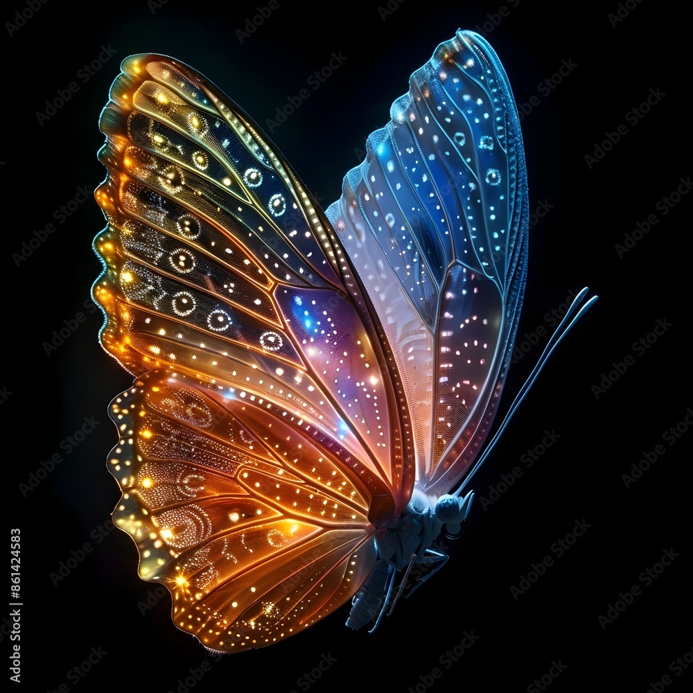 Poster Dazzling Neon Fairy Wing with Intricate Glowing Patterns and Vibrant Colors on Black Background