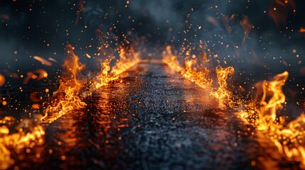 Intense fire close up on road with sparks