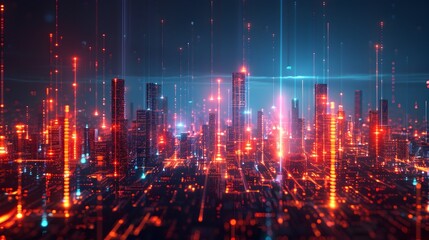 Futuristic Cityscape with Neon Glow and Electric Currents Concept