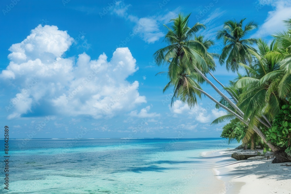 Aufkleber a picturesque scene of a white sand beach with crystal-clear turquoise water and swaying palm trees 