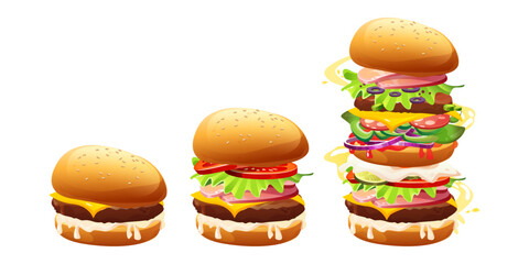 Small and big burgers set isolated on white background. Vector cartoon illustration of fast food snack made of bun with beef, fresh vegetables, sesame, mayo and cheese, restaurant menu design elements