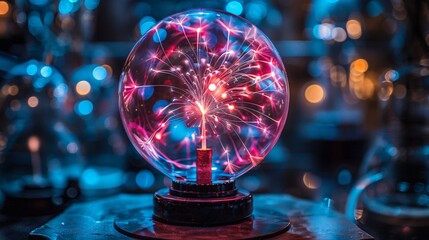 Plasma ball close-up on bright blue backdrop