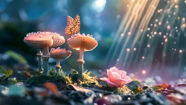 Magical fantasy mushrooms and butterfly in enchanted fairy tale dreamy elf forest. Mysterious background, shiny glowing stars and moon rays in night. Fairytale concept	