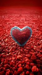 Fototapeta premium Blue heart on red gravel, vibrant and contrasting, symbolizing love and resilience, detailed photography