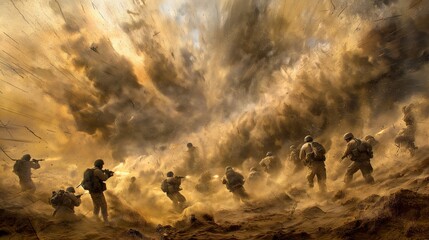 Fototapeta premium Dramatic battlefield scene with soldiers in intense combat under a dark, stormy sky, capturing the chaos and energy of war.